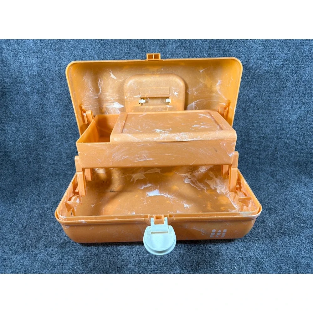 Vintage Caboodles Makeup Case Orange Marbled Organizer Box with Mirror 90s Retro